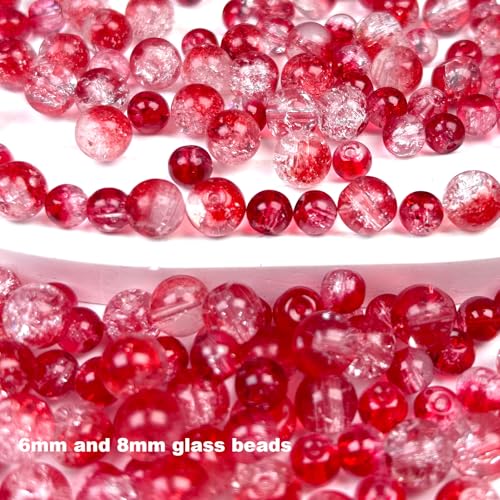 300pcs Crackle Glass Beads, 6mm and 8mm Red Crystal Glass Beads Round Loose Spacer Bulk Beads for DIY Craft Earring Necklace Bracelet Jewelry - color: Red