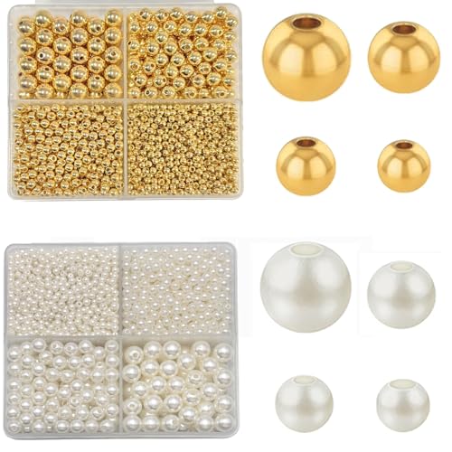3360pcs Gold Round Beads & Pearl Beads 3/4/6/8mm 4 Size Smooth Ball Bead for Jewelry Making Metal Circle Bead for Bracelet Necklace Earring Making Supply - color: pearl+Gold Bead