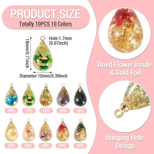 10Pcs Resin Dried Flower Teardrop Charms Transparent Natural Dried Flower Water Drop Pendants Floral Dangle Charms for DIY Earring Necklace Bracelet Jewelry Making