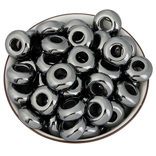 Nupuyai Pack of 30 Large Hole Stone Loose Beads for Jewelry Making, Polished Rondelle European Beads fit Charms Bracelet, Hematite - color: Silver, size: 14x8mm