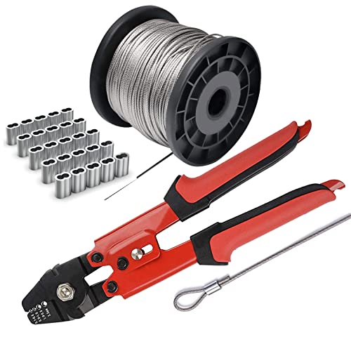 Wire Rope Crimping Tool Kit, with 1/16-304 Stainless Steel Cable 165 ft (7x7 Strand Core), 100 Cable Ferrule Aluminum Loop Sleeve Stops (165ft Rope 100 Loop, Red, 1) - color: Red