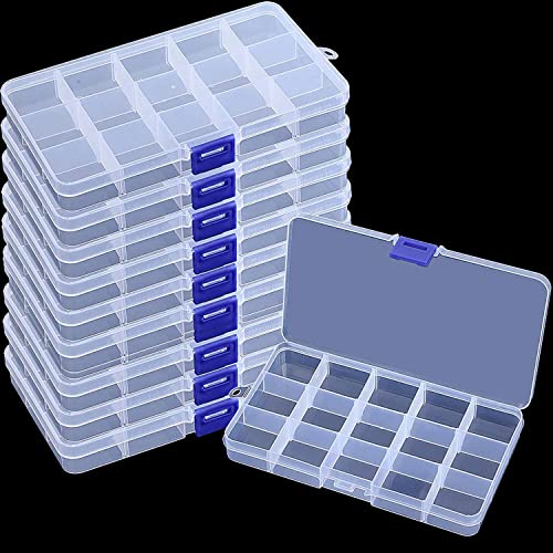 KINJOEK 10 Pack 15 Grids Plastic Bead Organizer Containers Storage, Adjustable Dividers Diamond Jewelry Craft Painting Storage Case, Clear Small Fishing Tackle Box for Sewing Cross Stitch Accessories - color: Clear, size: 15Grid 10PCS