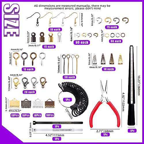 Swpeet 1466 Pcs Jewelry Supplies Kit with Tools, 40 Styles Findings, Pliers and Ring Sizer, Jump Rings for Bracket Necklace Making - size: 9a