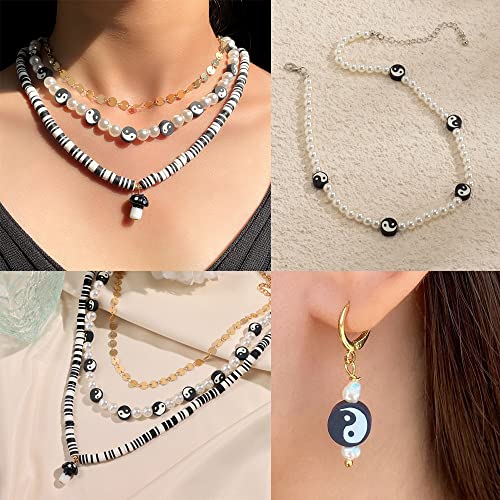 Airssory 100 Pcs Black and White Manmade Polymer Clay Soft Beads Flat Round with Taiji Ying Yang Sign Loose Bead Spacer for Lucky Jewelry Making - color: Yin Yang Beads_Black and White