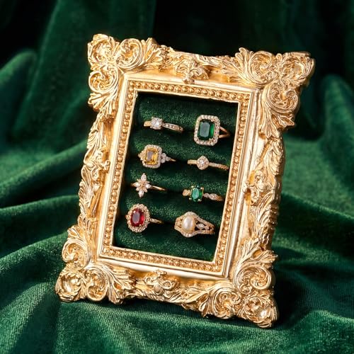 Liliaafar Vintage Ring Holder Rectangle Green Mat Ring Wedding Display Suede Jewelry Box Stand Frame Earring Tray Anniversary Engagement Baroque Organizer Photograph Prop for Women Birthday Gifts - color: Green Mat, style: Rectangle