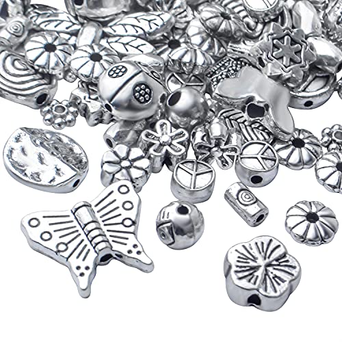 100g Antique Silver Spacer Beads Tibetan Alloy Ball Leaf Butterfly Flower Animal Spacers Loose Beads Spacer Charm Beads Craft Supplies for DIY European Bracelet Necklace Jewelry Making