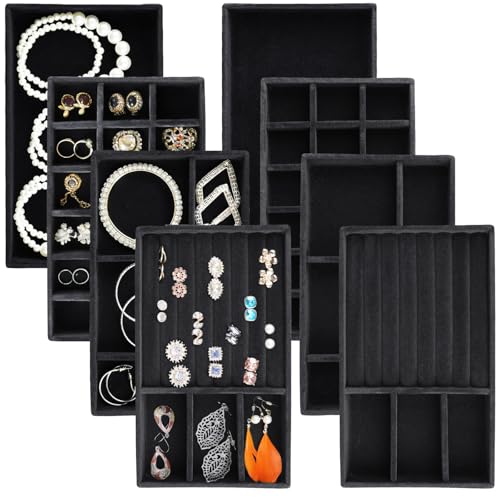 Jewelry Trays,Velvet Stackable Organizer Trays,Drawer Inserts Jewelry Display Case For Rings Stud Necklaces Earring Organizer Tray for Women Girls-8 Pack (Black) - color: Black 8 Pack