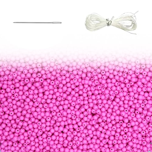 1000Pcs Rose Red Acrylic Round Beads, Smooth Plastic Spacer Beads Set with Beading Needle and 13Ft Elastic String Cord for Jewelry Making Bracelets Necklace Earring DIY Crafting Supplies - 6mm - color: Rose Red, size: 6mm
