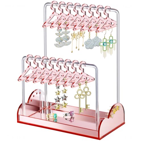 NiHome Acrylic Earring Holder with Unique Double-Tiered Design, Cute Miniature Clothing Hangers with Spacious Storage for 48 Pairs, Display for Home Vanity & Retail Showrooms (Rose Gold, With Tray) - color: Rose Gold, size: With Tray