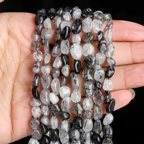 HAAMIIQII Natural Black Rutilated Quartz Crystal Pebble Stone 5-8mm Small Irregular Freeform Tumbled Loose Gemstone Beads for Jewelry Making Strand 15 Inch (45-50pcs) - color: Black Rutilated Quartz