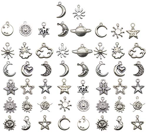 Mixed Moon and Star Charms Pendants Necklace Earrings Bracelet Charms DIY for Crafting, Jewelry Making Accessory - color: Silver 50pcs