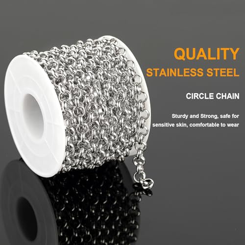 KYUNHOO 4 Meters Circle Link Chain Spool Soldered Stainless Steel Chains for Jewelry Making Charm Chains Bulk for Men DIY Jewelry Craft Finding Jewelry Making Supplies - color: Silver Circle
