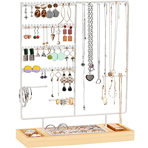 ProCase Jewelry Organizer Stand Earring Holder Organizer, 6 Tiers Earring Organizer Tree Necklace Rack Jewellery Tower Bracelets Holder Storage with Removable Wooden Ring Tray for Women Girls -White - color: White