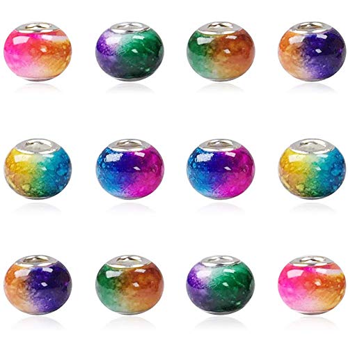 AIPRIDY 100Pcs 15x11mm Painting Murano Large Hole Glass Beads Mix Color with Silver Brass Cores European Charm fit Bracelet Necklace (Explosive Double Color Glass) - color: Explosive Double Color Glass