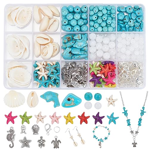 PH PandaHall Ocean Jewelry Making Kit - Starfish, Seashell, Synthetic Turquoise, Tortoise, Fish, Cowrie Shell Beads for Summer Beach Necklace, Earring, Bracelet, Anklet Jewelry Making (406pcs) - color: Colorful