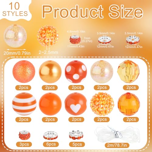 35 Pcs Chunky Bubblegum Beads 20mm Focal Pen Large Rhinestone Pearl Bead with Rhinestone Large Hole European Spacer Bead for DIY Beadable Pen Jewelry Making Keychain Craft Making(Orange) - color: Orange