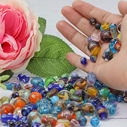 Assorted Glass Beads for Jewelry Making Adults, Bulk Glass Beads for Crafts, Lampwork Murano Bead Mix for Bracelets and Necklaces, Crafting Beads Supplies Kit, Large & Small Beads