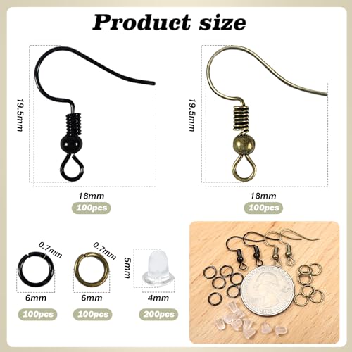 TOAOB 600pcs Earring Hooks Hypoallergenic Ear Wire Hooks with Open Jump Rings and Earring Backs Black Bronze Earring Making Kit for Jewelry Making Supplies