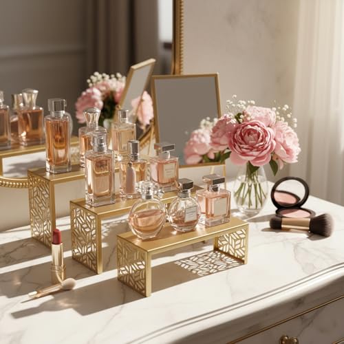 3 Tier Gold Metal Display Risers, Display Stand for Perfume Purse Handbag Shoe Jewelry Cupcake Dessert and Amiibo Funko POP Figure - color: Gold Metal Display Risers