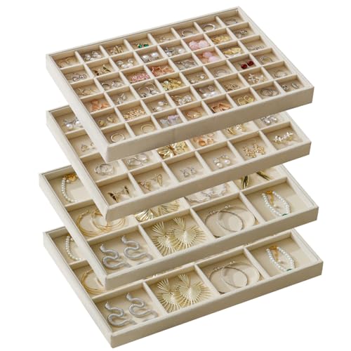 Large Jewelry Drawer Organizer Trays Set of 4, Stackable Velvet Jewelry Trays Organizer Holder Display Storage Showcase for Earring Necklace Bracelet Ring Accessary (Beige, 12+12+24+48 Grids) - color: Beige, size: 12+12+24+48 Grids