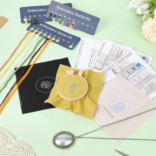 SUNNYCLUE 3 Sets Embroidery Necklace Kit Mini Cross Stitch Kits with Instructions Thread Needle Hoops Spring Flower Themed Embroidery Set for Beginners Jewelry Making Adults Supplies Women Starter - style: Flower 2