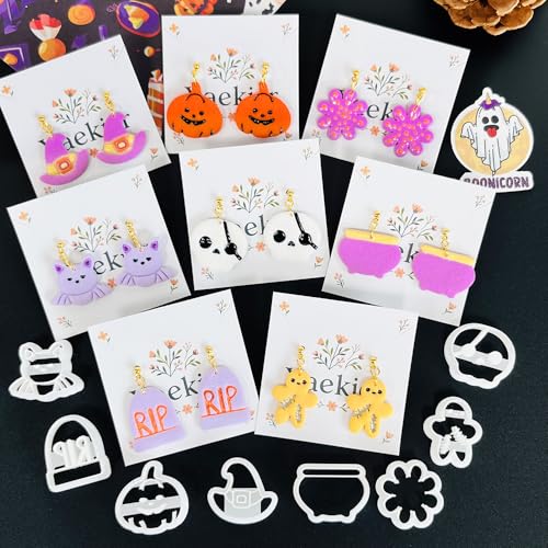 Xaekicr Halloween Polymer Clay Cutters Set – 8Pcs Clay Cutters for Earrings, Pumpkin Skull Witch Hat Molds for DIY Clay Jewelry Making - color: J color