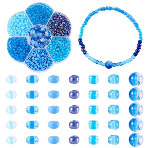 Pandahall 1 Box 6/0 Glass Seed Beads Bulk Mix Blue Color Round Tiny Glass Crackle Beads 4mm Small Assorted Charms for Earring Bracelets Necklace Jewelry Making - color: Blue - 7 Colors, size: 6/0