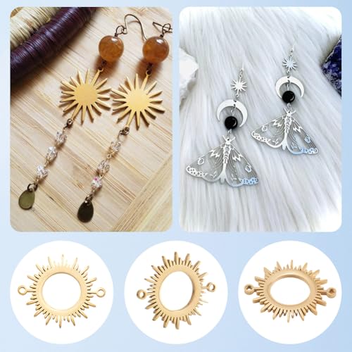 SUNNYCLUE 1 Box 32Pcs 8 Styles Moon Connector Charms Sun and Moon Charms Bulk Gold Silver Stainless Steel Hollow Crescent Connectors Pendants for Jewelry Making DIY Links Craft Supplies Earrings