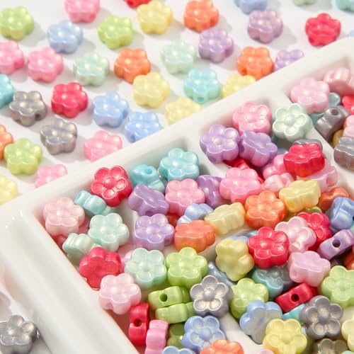 200pcs Acrylic Beads Colorful Flower Beads Colorful Cute Plum Blossom Beads for Necklace Bracelet Key Chains Jewelry DIY Craft Making(Flower) - color: pink&blue