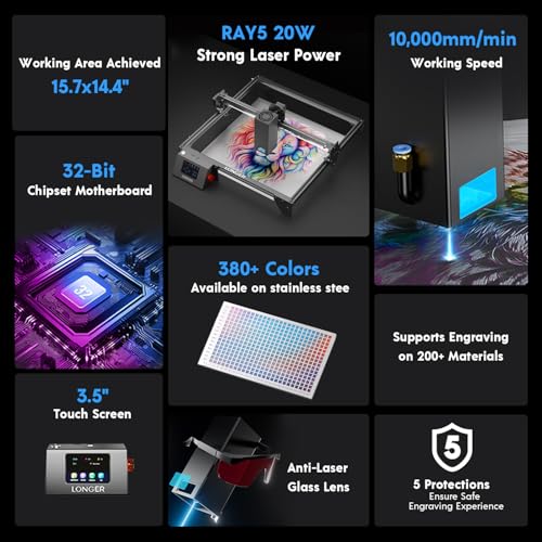 Longer RAY5 20W Laser Cutter and Laser Engraver for Tumblers, Rotary Roller Bundle, 17.3"x 17.3" Working Bed, Enclosure with Vent, and Air Pump Laser Engraver for Wood and Metal, Acrylic