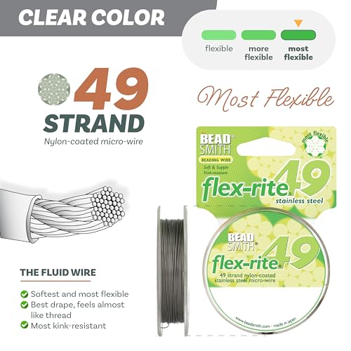 The Beadsmith Flex-Rite Beading Wire - 49-Strand Nylon-Coated Stainless-Steel Wire, 0.014" (0.35 mm) Dia, Clear, 30 ft Spool, Durable Necklace & Bracelet String, for Jewelry Making Supplies - color: Clear, size: .014” Dia - 30 ft