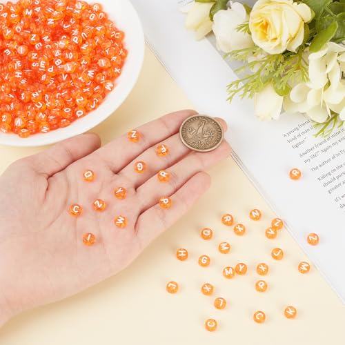 1000Pcs Transparent Letter Beads Acrylic Mixed Alphabet Beads Flat Round Disc Spacer Bead White Alphabet Pattern Loose Bead for Bracelet Necklace Jewelry Making 7x4mm Dark Orange - color: Dark Orange