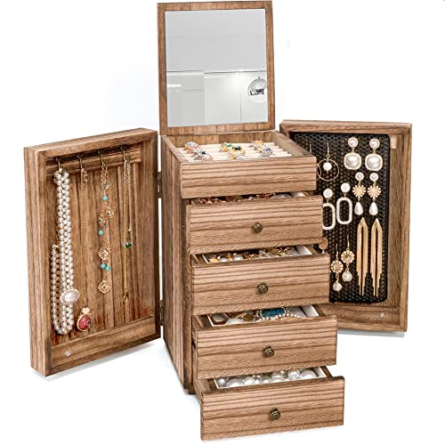 Meangood Jewelry Box Wood for Women, 5-Layer Large Organizer Box with Mirror & 4 Drawers for Rings, Earrings, Necklaces, Vintage Style, Torched Wood - color: 5 Layer Carbonized Black, size: 5 Layer