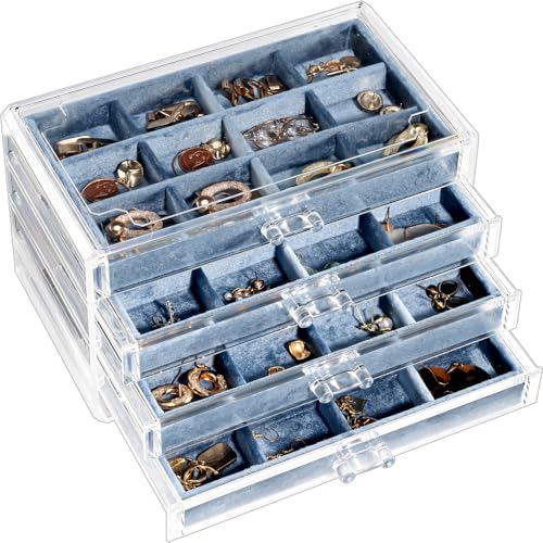 Lolalet Earring Holder Organizer Box Jewelry Storage with 4 Drawers, Clear Acrylic Stackable Earring Case with Adjustable Velvet Trays for Women on Dresser Vanity -Blue, 4 Layers - color: Blue, size: 4 Layers