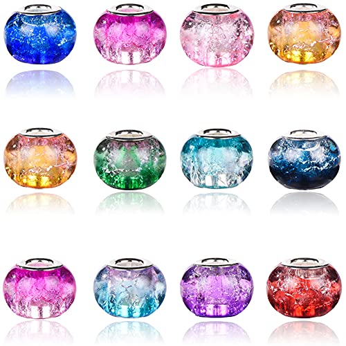 AIPRIDY 100Pcs 15x11mm Painting Murano Large Hole Glass Beads Mix Color with Silver Brass Cores European Charm fit Bracelet Necklace (Up and Down Bicolor Crack) - color: Up and Down Bicolor Crack