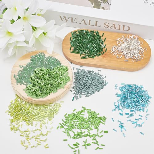 3000 Pcs 10 Colors Glass Bugle Beads, Green Series Screwy Bugle Beads Long Tube Seed Bead Loose Spacer Bead Bulk for DIY Crafting Jewelry Making - color: Green Series
