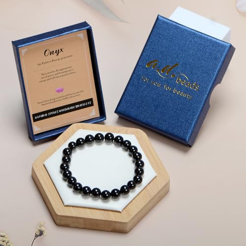 AD Beads Handmade Gemstone Stretch Elastic Bracelet Crystal Healing Reiki Nature's Beauty and Spiritual Essence Unisex - color: Black Onyx, size: 8mm