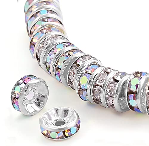 200Pcs 10mm Rondelle Spacer Beads Silver Plated AB Color Crystal Rhinestone for Jewelry Making Loose Beads for Bracelets - color: AB Color, size: 10mm