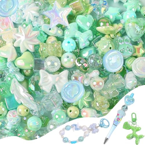90-120PCS Large Acrylic Green Blue Glitter Assorted Beads for Bracelet Making UV Plating Focal Beads for Pens Round Flower Bow Bear Heart Spacer Bead Bulk for DIY Jewelry Necklace Keychain Phone Charm - color: 2 Color Series-Blue+Green