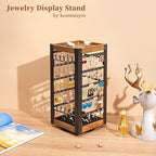 keomaisyto Rotating Earring Holder, Jewelry Holder Organizer with Ring Tray/Necklace/Bracelet Hooks, 360°Earring Organizer with Stable Bamboo Base for Jewelry Display (Patent Pending) - color: Black
