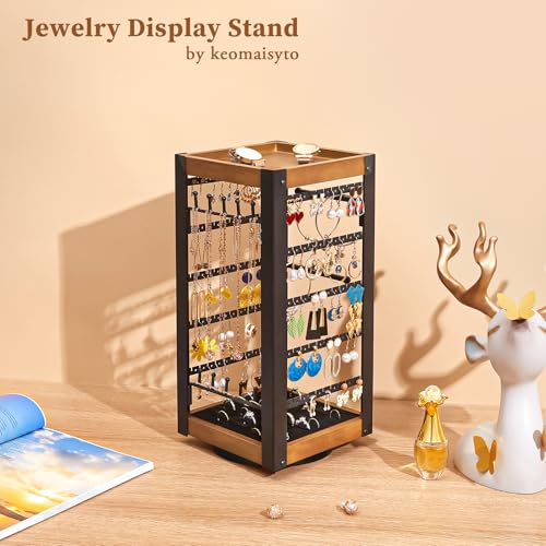 keomaisyto Rotating Earring Holder, Jewelry Holder Organizer with Ring Tray/Necklace/Bracelet Hooks, 360°Earring Organizer with Stable Bamboo Base for Jewelry Display (Patent Pending) - color: Black