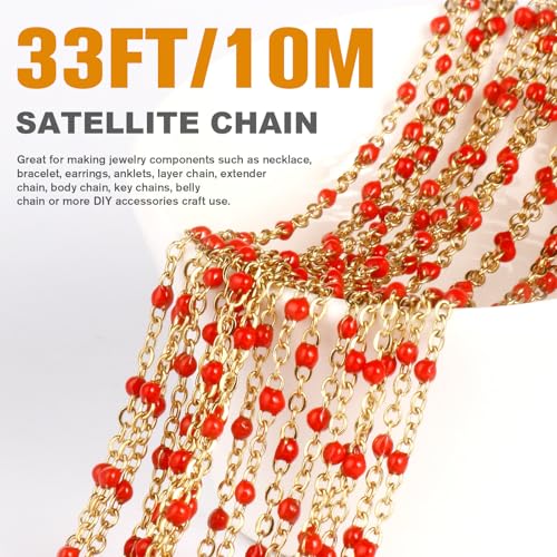 33 Feet Gold Enamel Chains Bulk, 2mm 18K Gold PVD Plated 304 Stainless Steel Red Enamel Beaded Cable Link Chain Roll Spool for Jewelry Making - color: Gold Red Beads