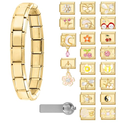 Italian Charms Bracelet Sets with 1Pcs Starter Brascelet 9Pcs Charms 9mm Italian Modular Charm Bracelet DIY Module Jewelry Gifts - color: A-Starter Bracelet Set-20Pcs Gold 2