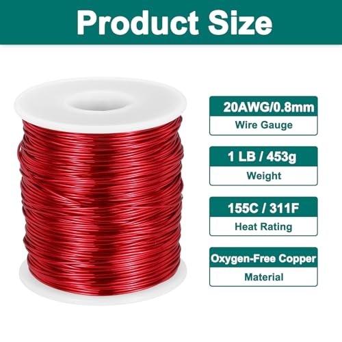 MECCANIXITY 20 AWG Magnet Wire, 20 Gauge Enameled Copper Wire, 1 Lb Magnetic Coil Wire for Transformer, Motor, Electric, 155C(311F) - size: 20 AWG