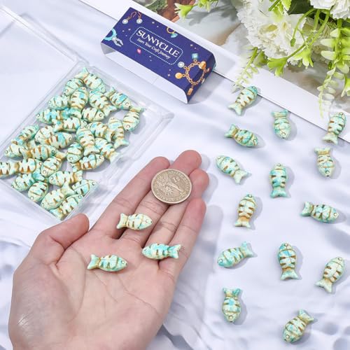 SUNNYCLUE 1 Box 50Pcs Fish Shaped Beads Turquoise Fish Beads Bulk Animal Synthetic Turquoise Dyed Stone Painted Sea Ocean Gemstone Loose Spacers for Jewelry Making DIY Earring Bracelet Necklace Craft