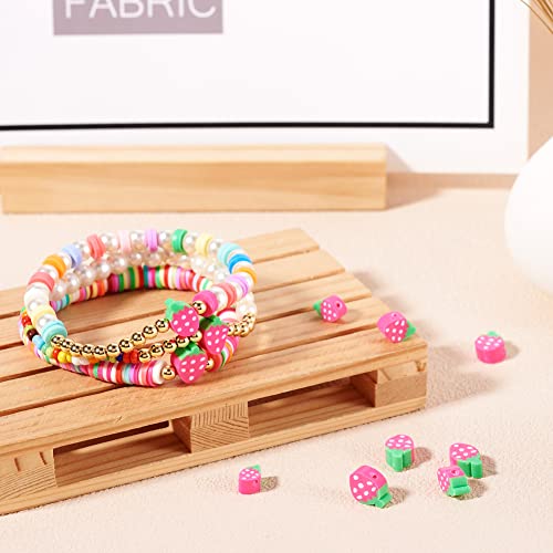 50PCS Handmade Polymer Clay Beads Hot Pink Color Strawberry Shape Loose Beads Fruit Theme Spacer Beads for DIY Bracelet Necklace Earring Charm Jewelry Making Hole 1.6mm - color: Strawberry # Hot Pink