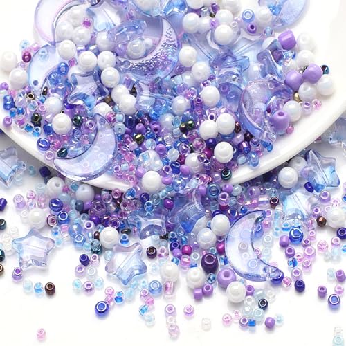 Mixed Star Moon Crystal Glass Beads Seedbeads Loose Round Pearl Beads for Jewelry Making Craft Bracelets Necklaces Earrings DIY Crafts Projects Purple Blue Glass Spacer Bead Kits for Crafts - color: Blue Purple