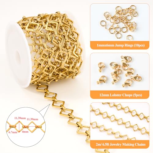 YOUBEIYEE 6.5 Feet Gold Plated Rhombic Link Chains Roll Strong Stainless Steel Chain for Jewelry Making - color: Rhombic Gold