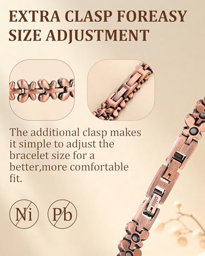 Women's Copper Magnetic Bracelet, 3800 Gauss Magnets Butterfly Design, Adjustable Size with Extra Clasp for Daily Wear & Gifts - color: Copper Butterflies