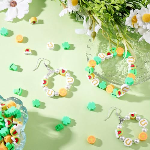SUNNYCLUE 1 Box 300pcs St Patricks Day Clay Beads Clover Shaped Beads Green Irish Three Leaf Clover Horseshoes Shape Polymer Clay Heishi Disc Bead for Jewelry Making Supplies Holiday Festival Gifts - style: Style 1